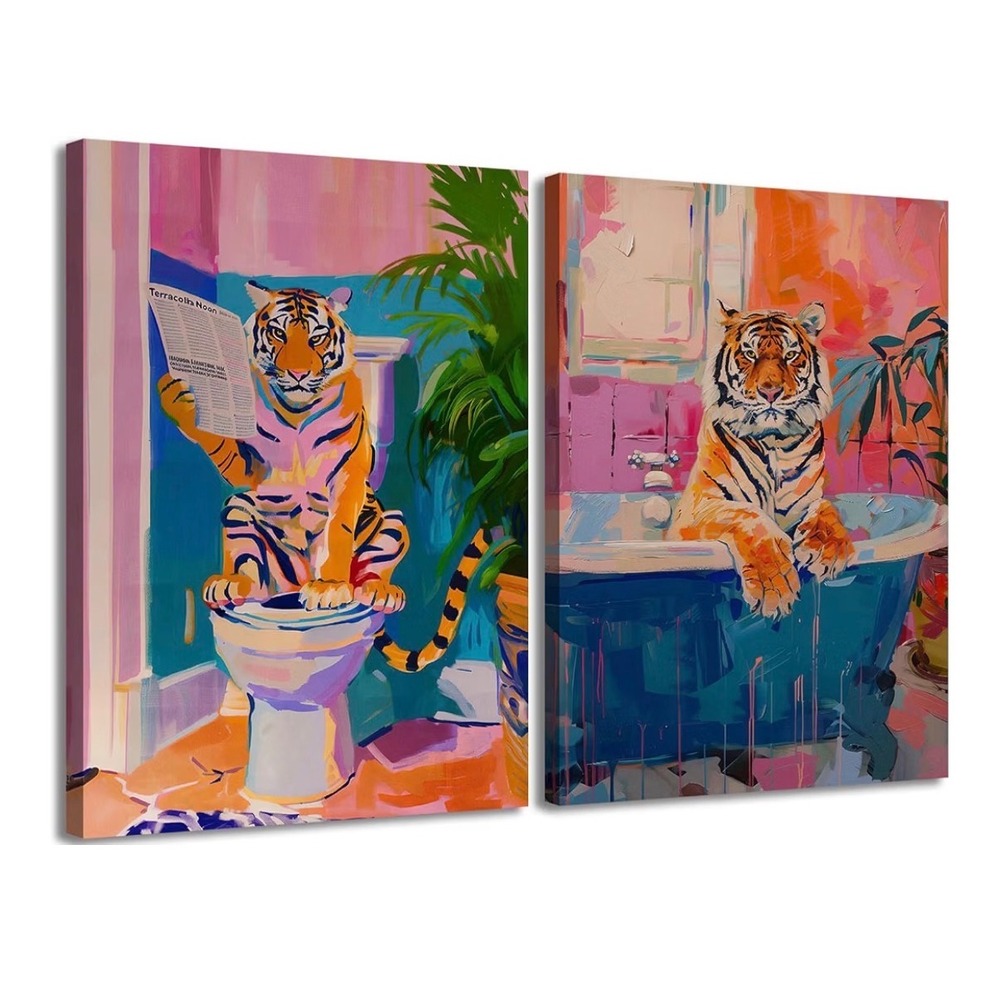 Tiger Bathroom Canvas Wall Art Set of 2 Whimsical Animal Prints 12x16 Pink Blue